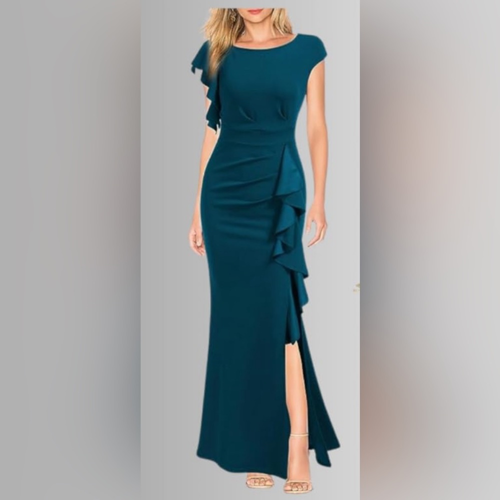 Woosea Bodycon Mermaid Evening Long Dress, Dark Green, side slit, size medium